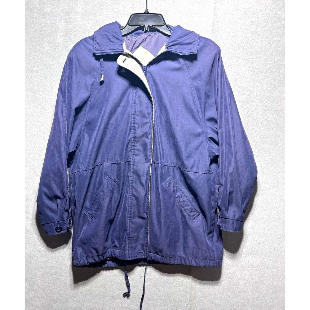 London Fog Women’s Petite PS Blue PurpleHooded Full Zip Rain Coat Mid-Length